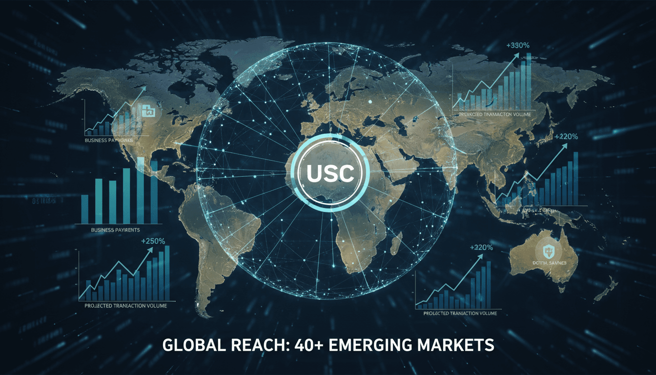 Infographic showing Circle's USDC expansion plans into emerging markets, highlighting key regions and transaction volumes.