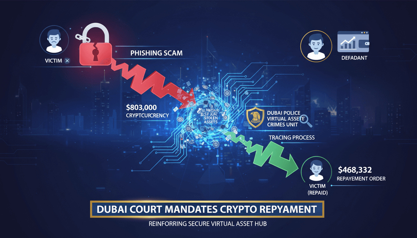 Infographic showing cryptocurrency tracing process in Dubai court ruling.