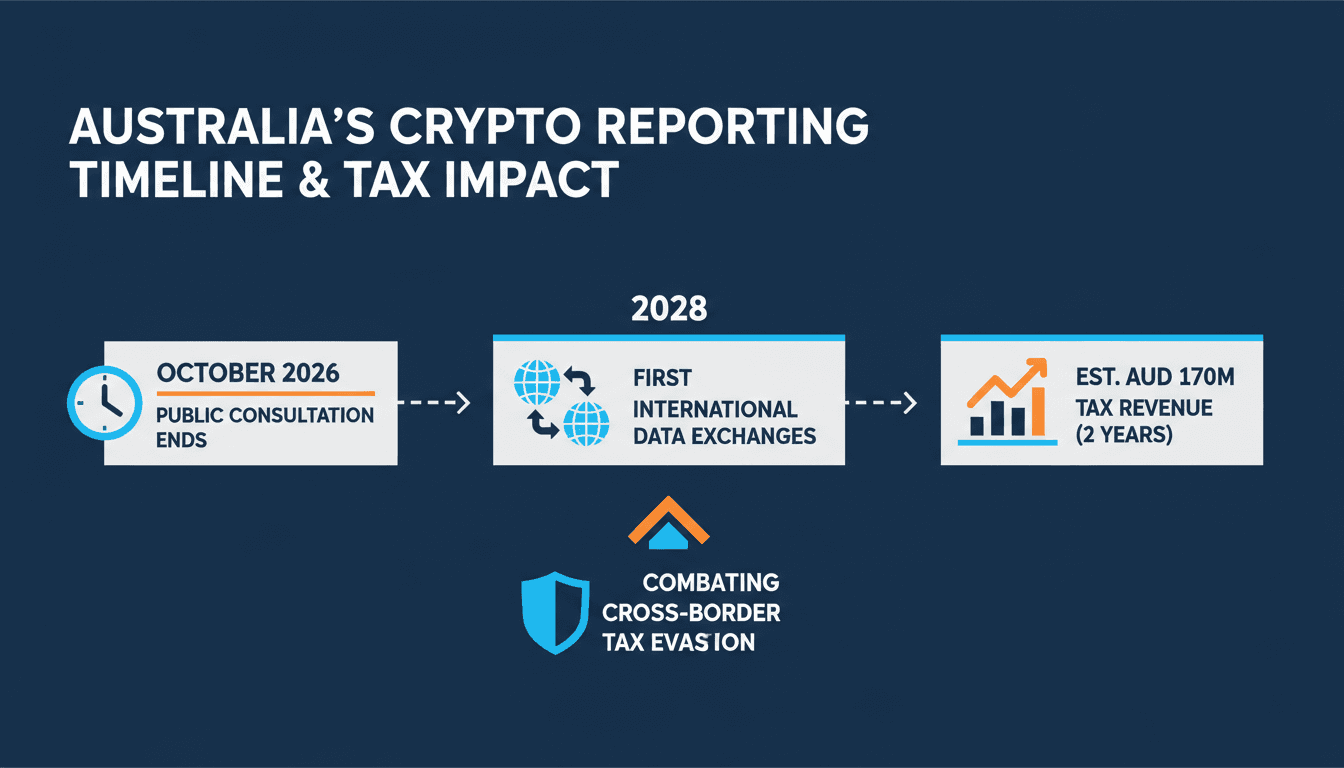 Infographic showing Australia’s crypto reporting legislation timeline and tax revenue impact.