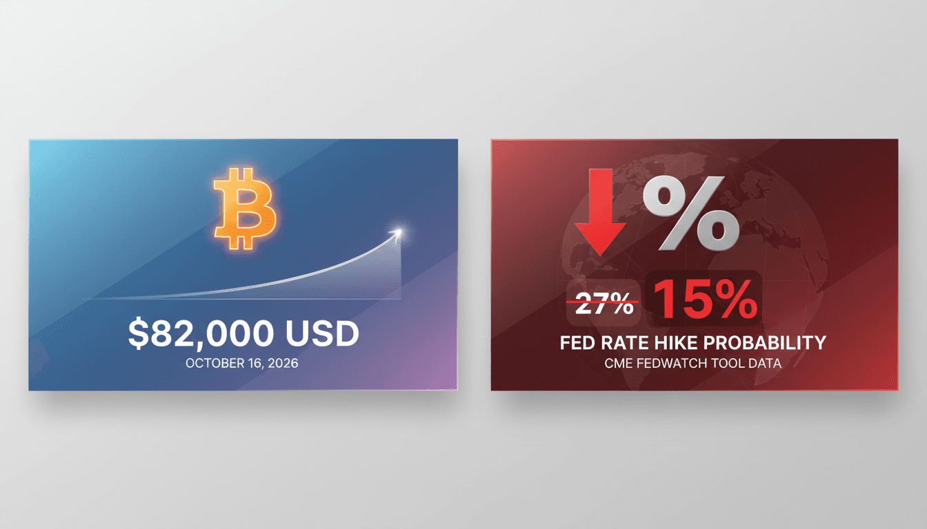 A graphic illustrating Bitcoin's price stabilization at $82,000 with Federal Reserve rate hike probabilities.