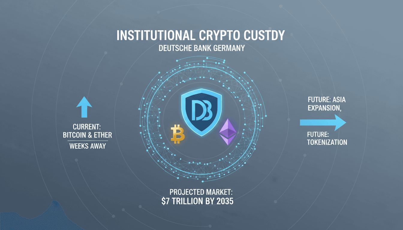 Infographic illustrating Deutsche Bank's upcoming cryptocurrency custody services and market projections.