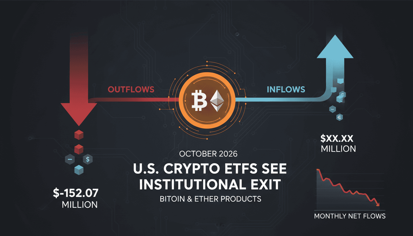 A visual representation of Bitcoin and Ether ETF fund flows, highlighting the $152 million outflows led by BlackRock.