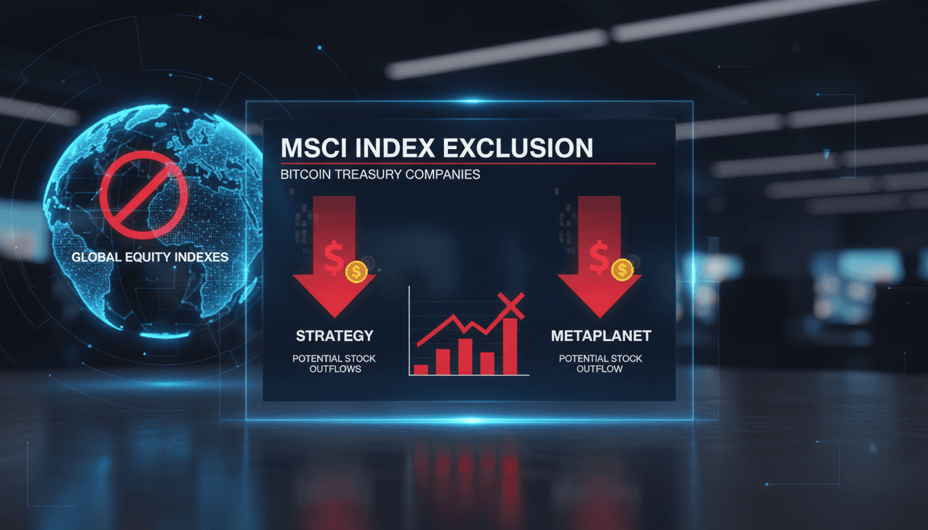 Visual representation of MSCI's new rules affecting Strategy and Metaplanet's stock market presence.