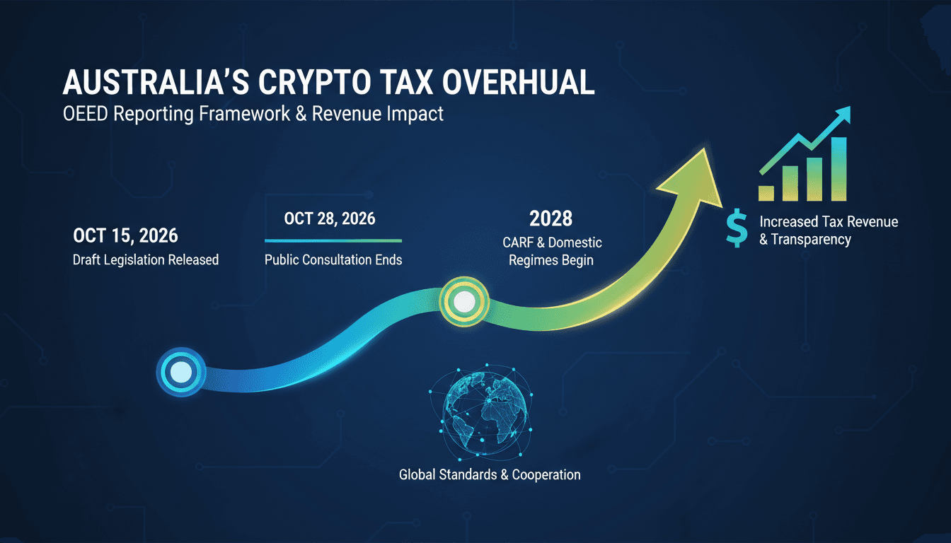 Infographic showing the timeline and impact of Australia's new crypto tax reporting framework.
