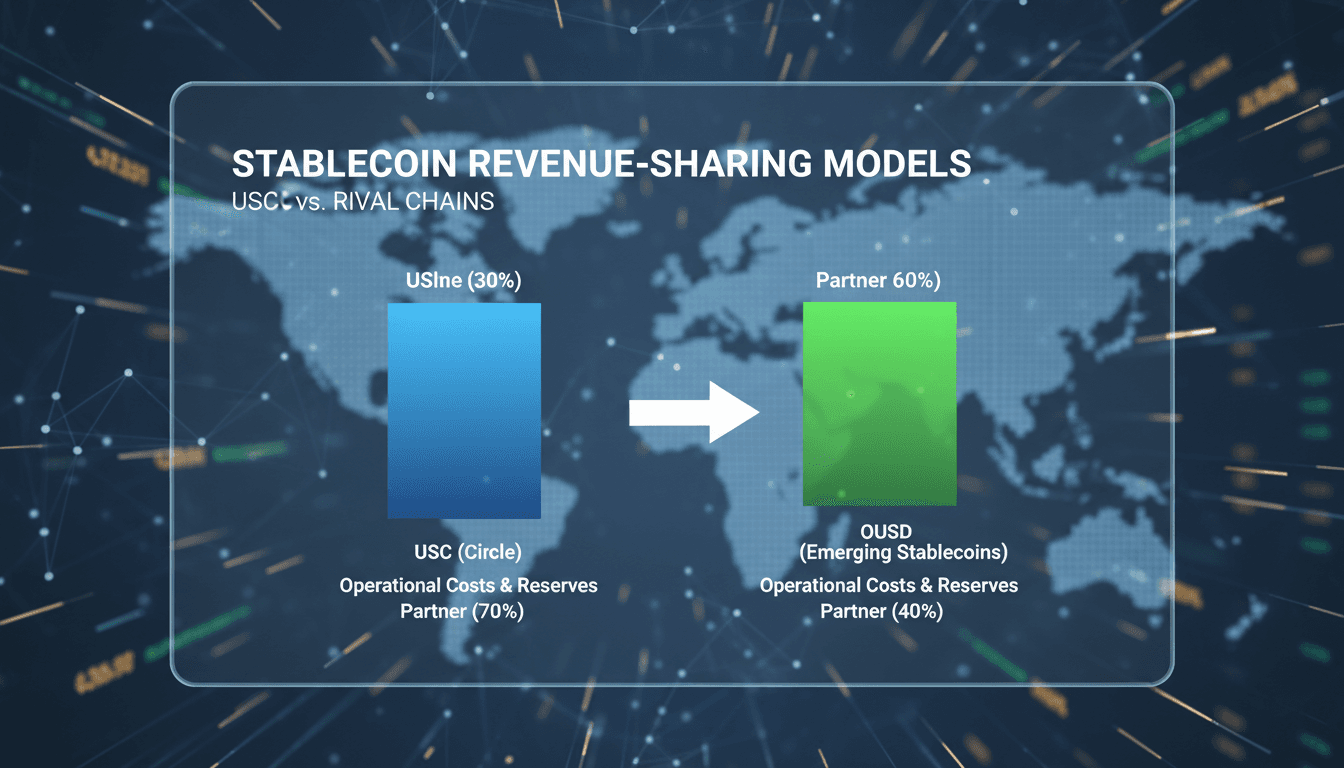 A chart comparing USDC's revenue model with emerging stablecoins like OUSD.