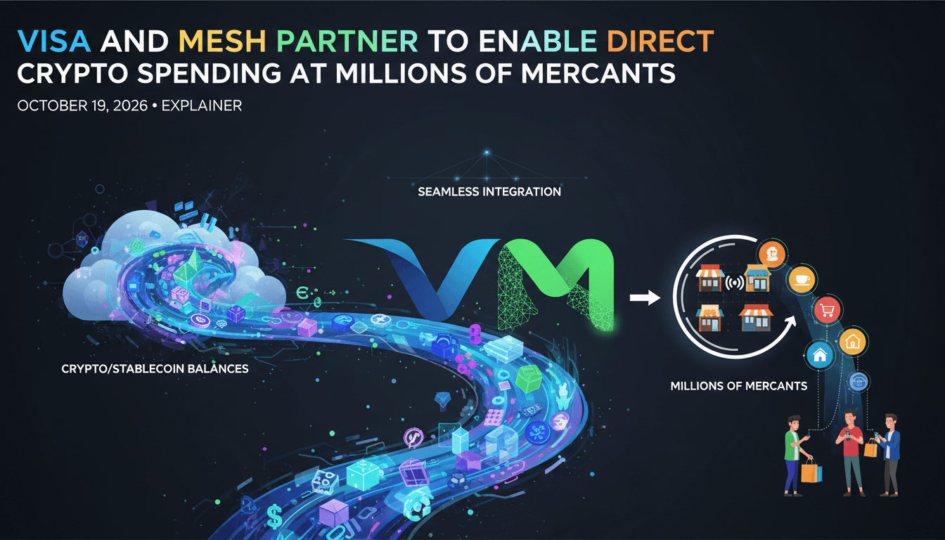 Infographic showing the Visa-Mesh partnership enabling direct cryptocurrency spending at millions of merchants.