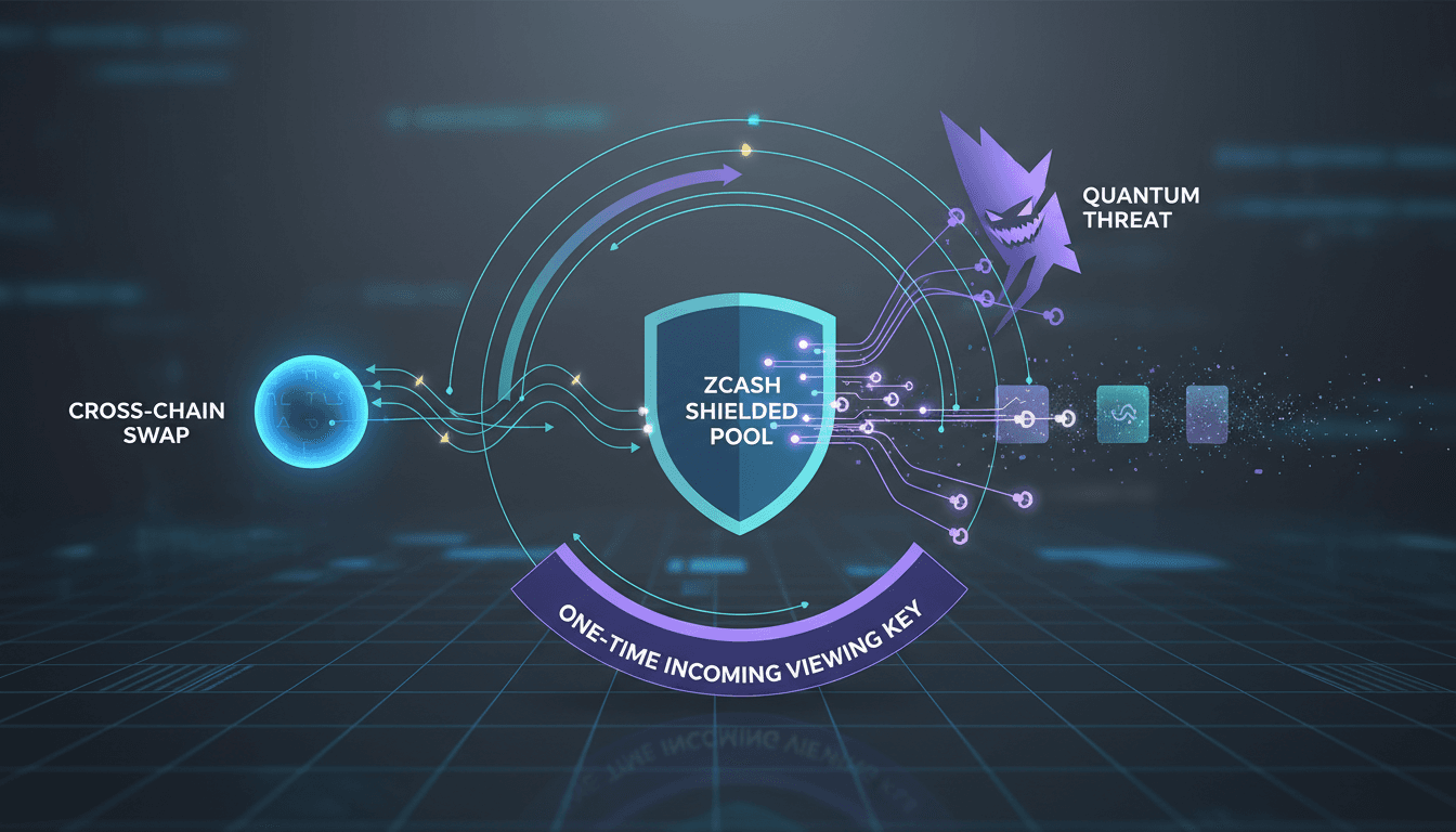 Diagram showing Zcash's one-time viewing keys mechanism and its role in enhancing transaction privacy against quantum computing threats.