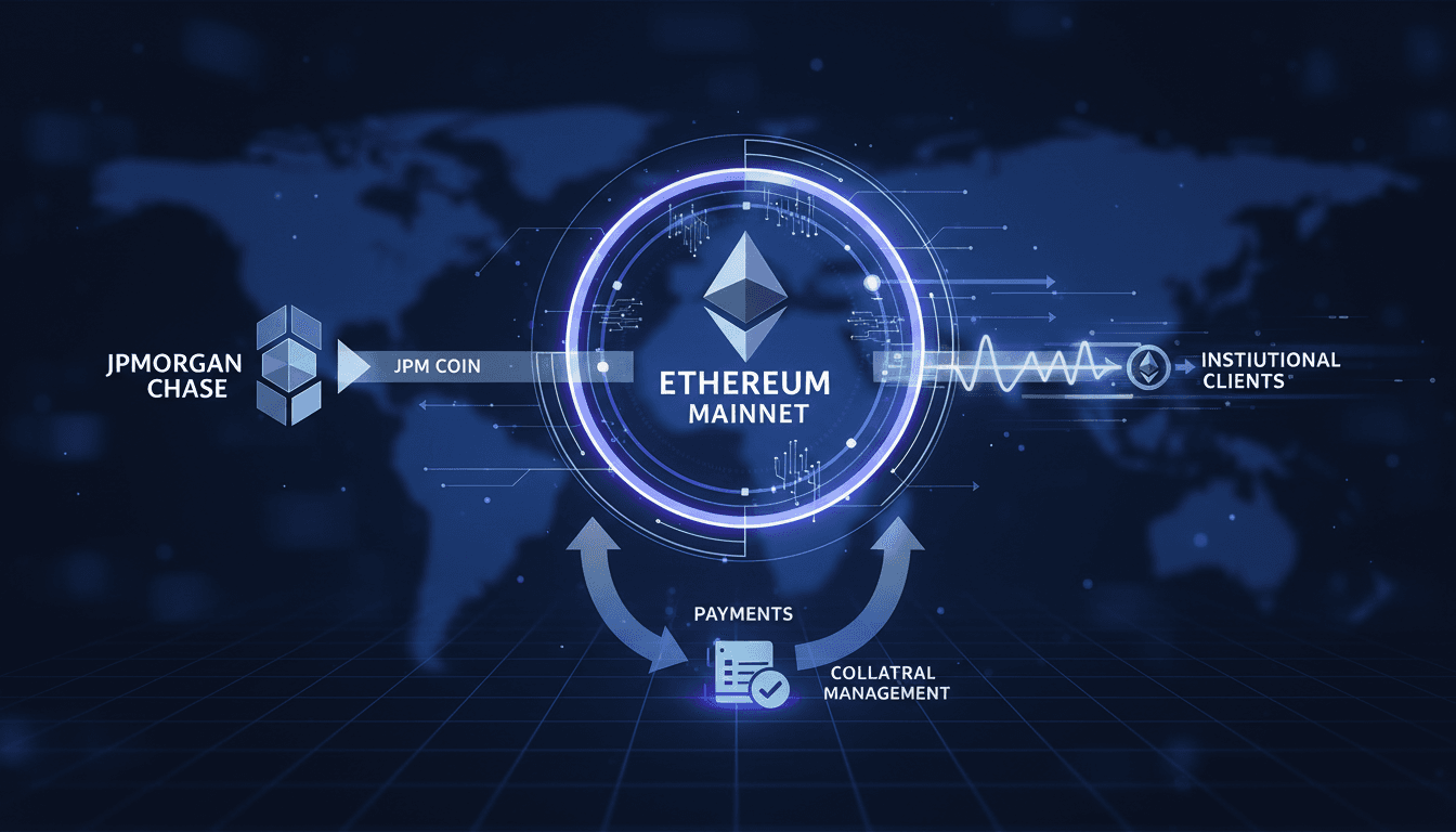 Infographic showing JPM Coin transactions on Ethereum, emphasizing speed and institutional integration.