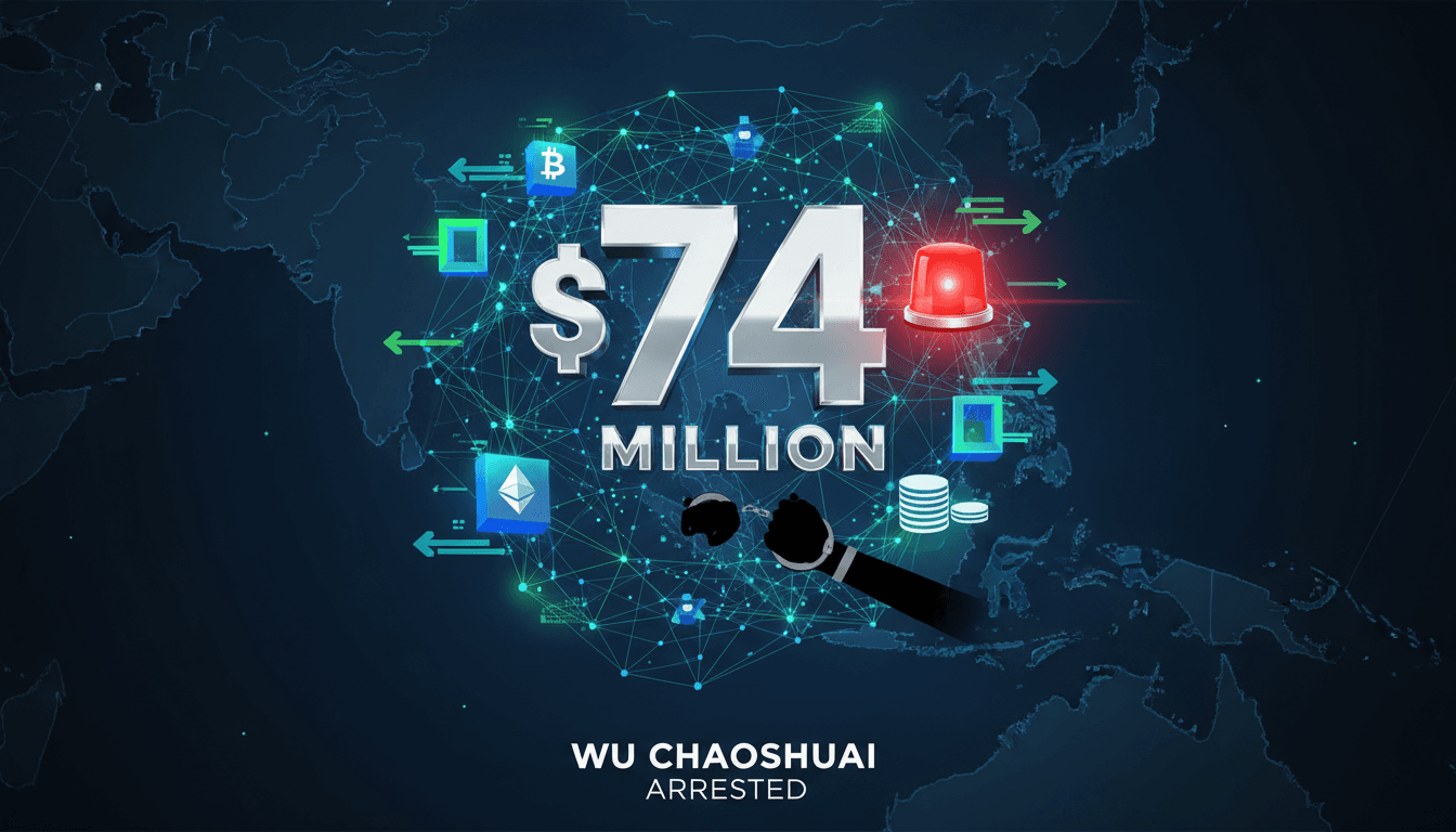 Infographic detailing the $74 million cryptocurrency laundering case involving Wu Chaoshuai.