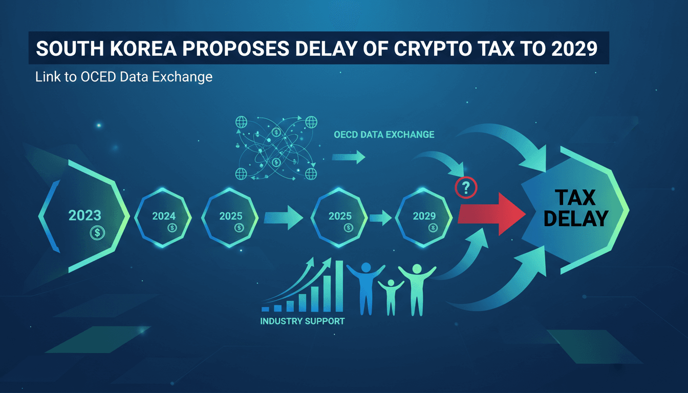 Infographic showing South Korea's proposed delay on cryptocurrency gains tax and industry support for the change.