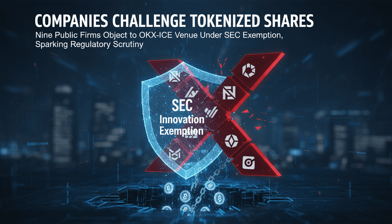 Infographic showing objections from nine companies to tokenized shares on OKX-ICE and their market implications.