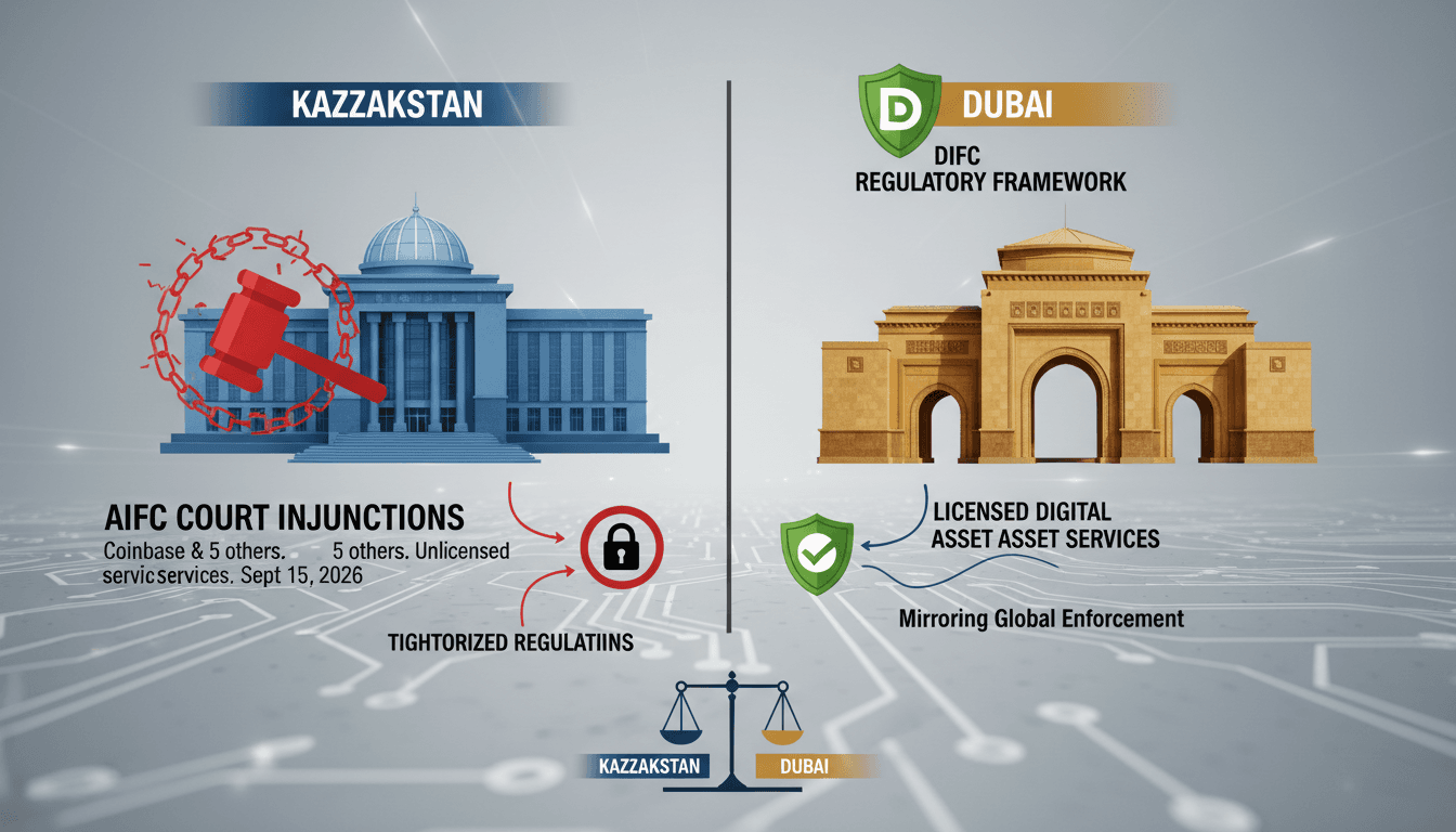 Infographic showing the impact of AIFC Court's injunctions on digital asset services in Kazakhstan.