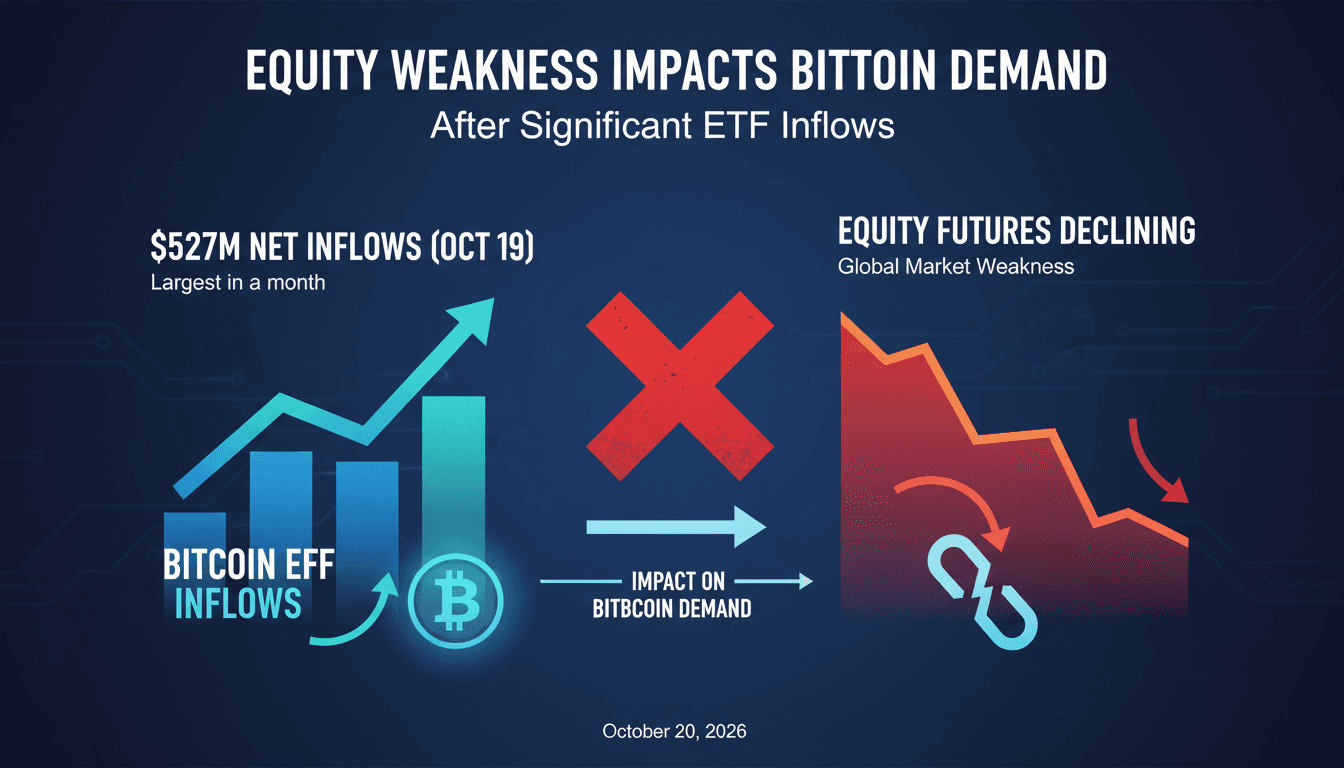 A graphic illustrating Bitcoin ETF inflows alongside equity market performance trends.