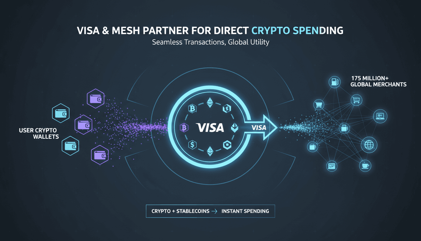 Infographic showing Visa and Mesh partnership enabling crypto spending at global merchants.