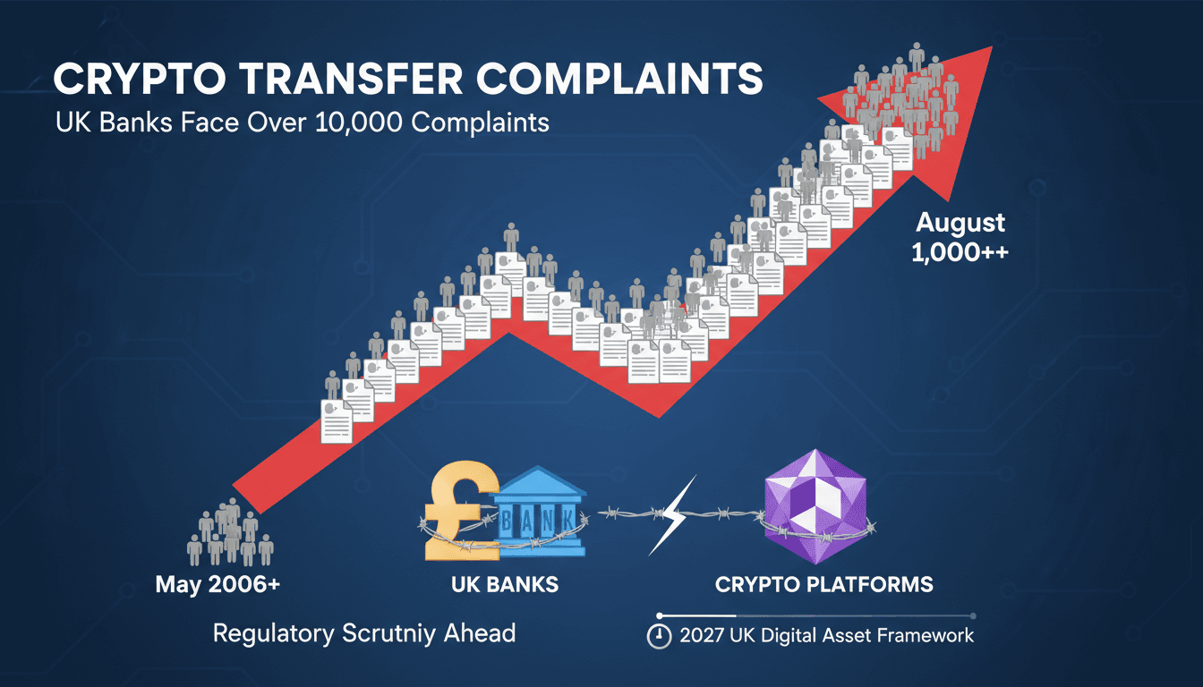 Infographic showing the rise in complaints against UK banks regarding crypto transfers.