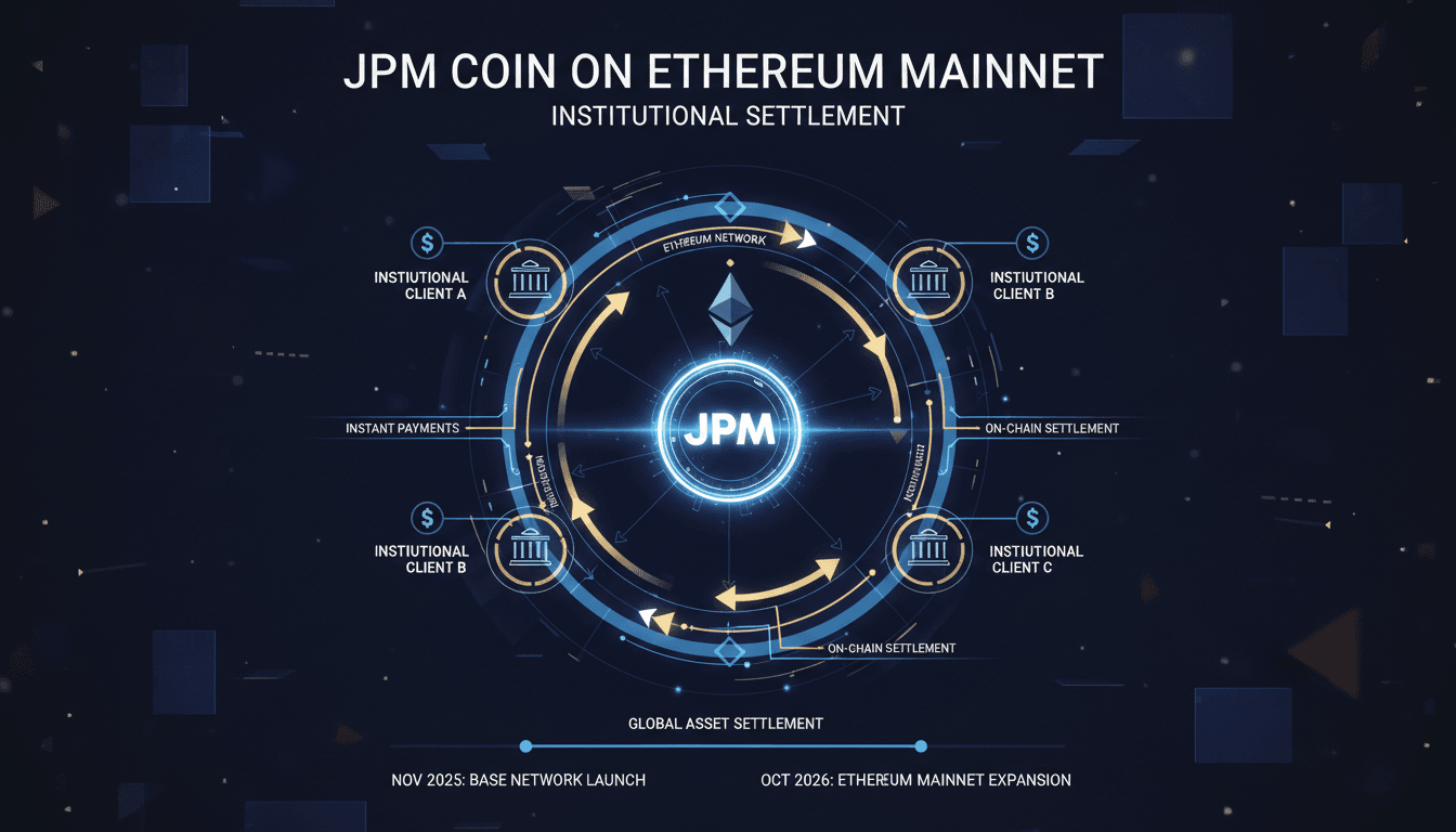 Infographic showing JPM Coin transactions on Ethereum, emphasizing speed and efficiency in institutional finance.
