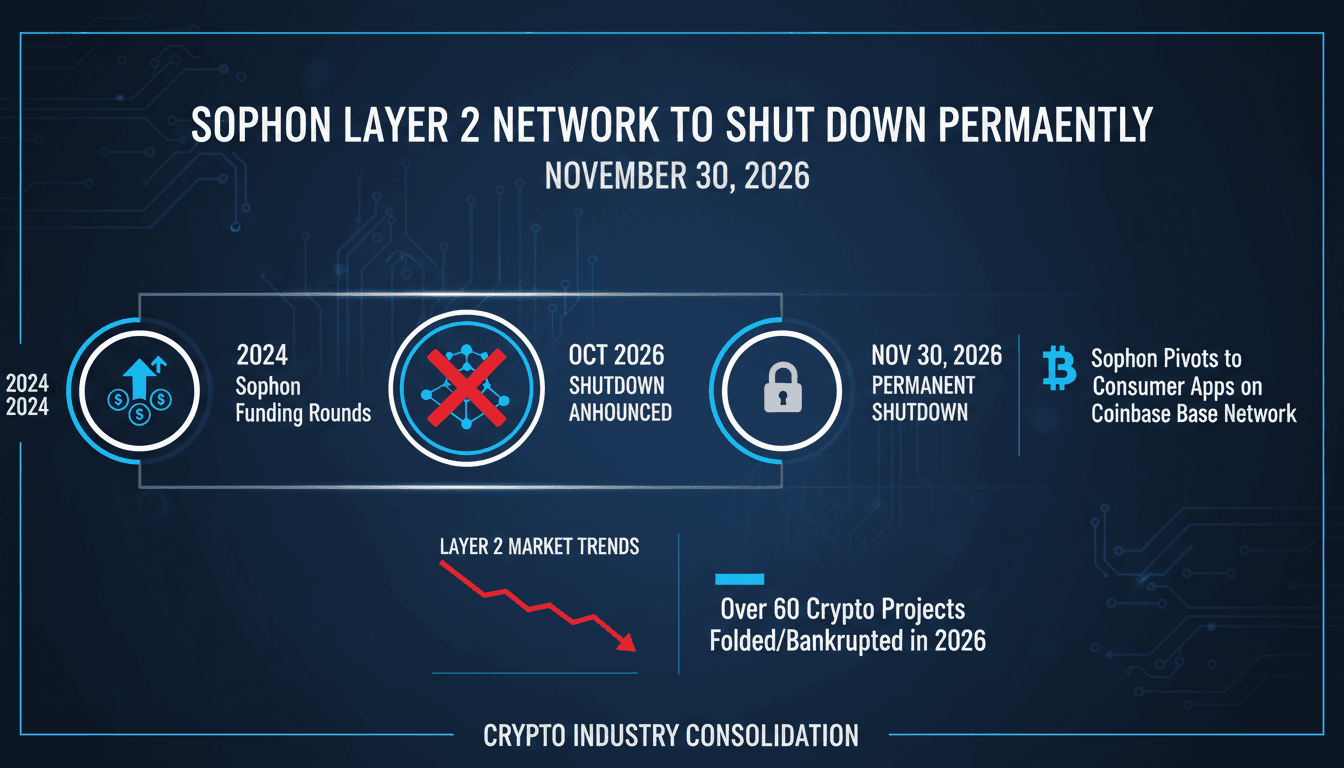 Infographic detailing Sophon Chain's funding history and shutdown timeline in the blockchain industry.