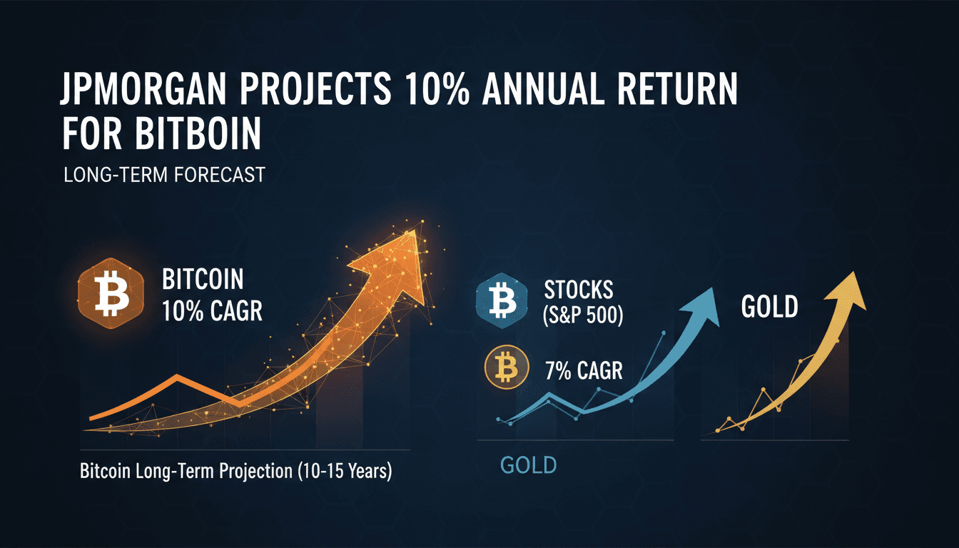 Infographic showing Bitcoin's projected 10% return compared to stocks and gold.