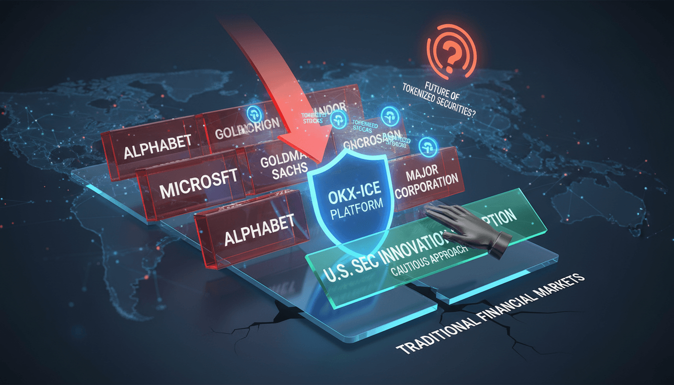 Infographic showing major corporations objecting to the OKX-ICE tokenized stock venue and its implications.