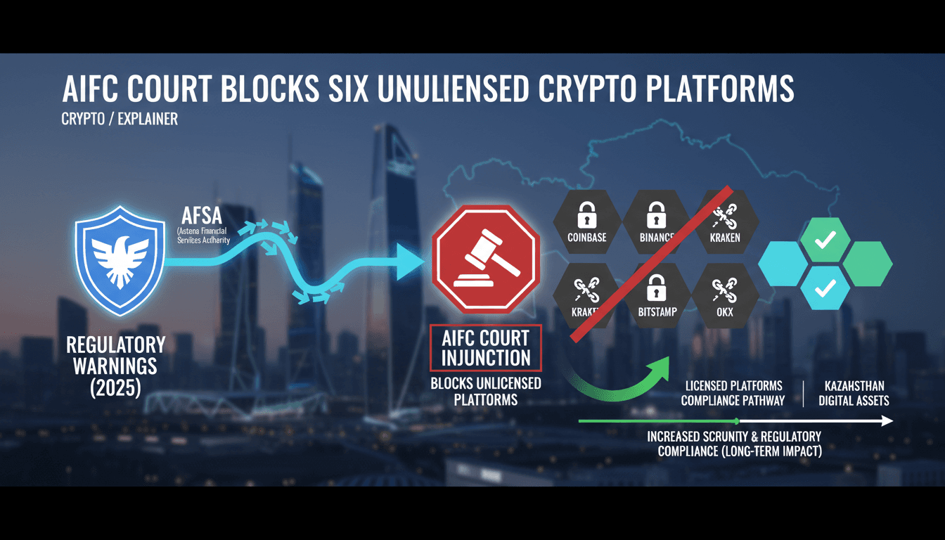 Infographic showing AIFC Court's injunctions against unlicensed crypto platforms, including Coinbase.