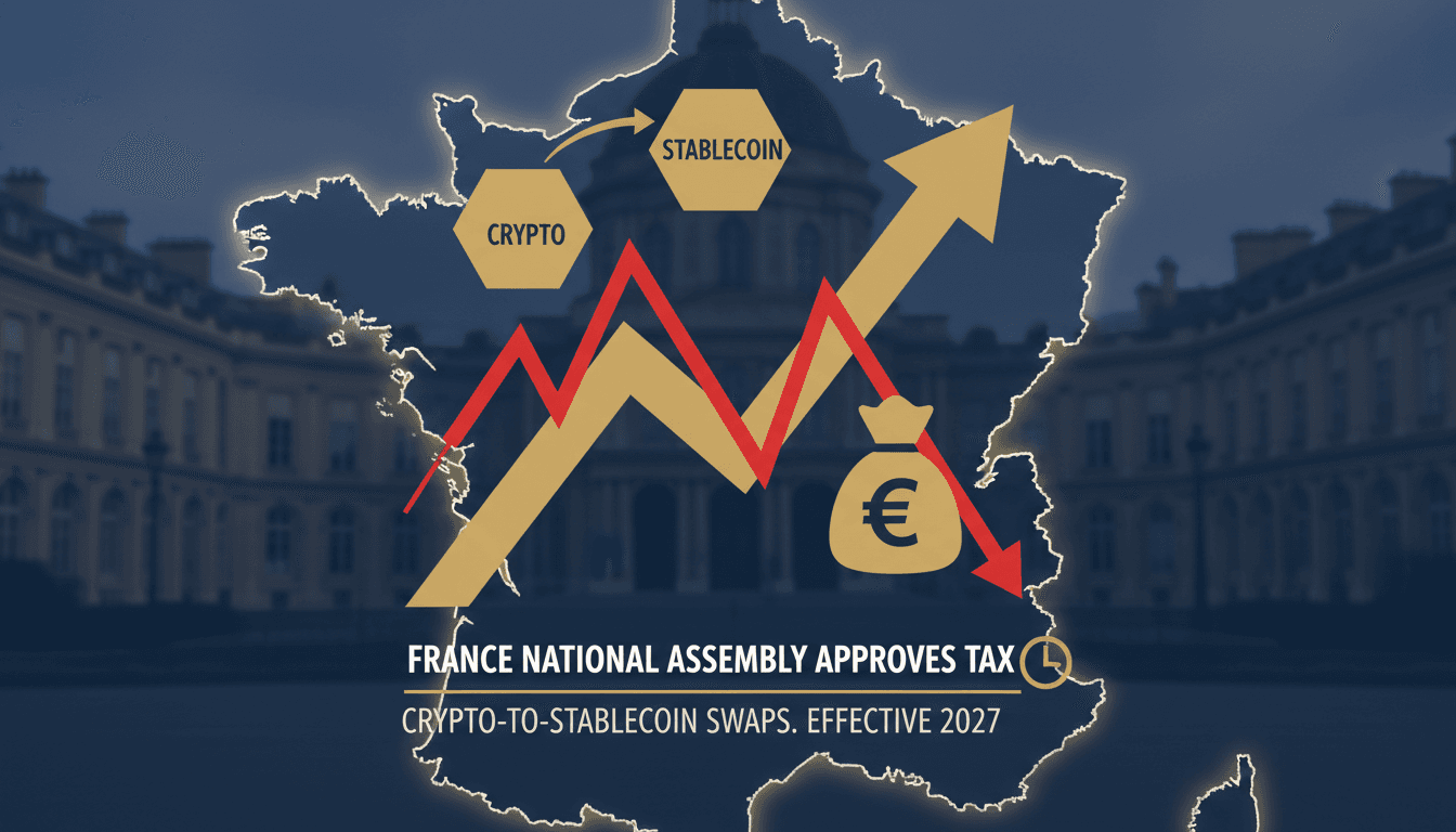 Infographic showing France's new tax on crypto-to-stablecoin swaps and its implications for investors.