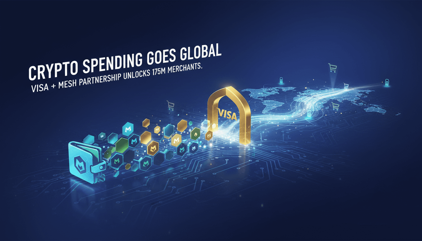 A visual representation of Visa and Mesh's partnership enabling crypto spending at millions of merchants.