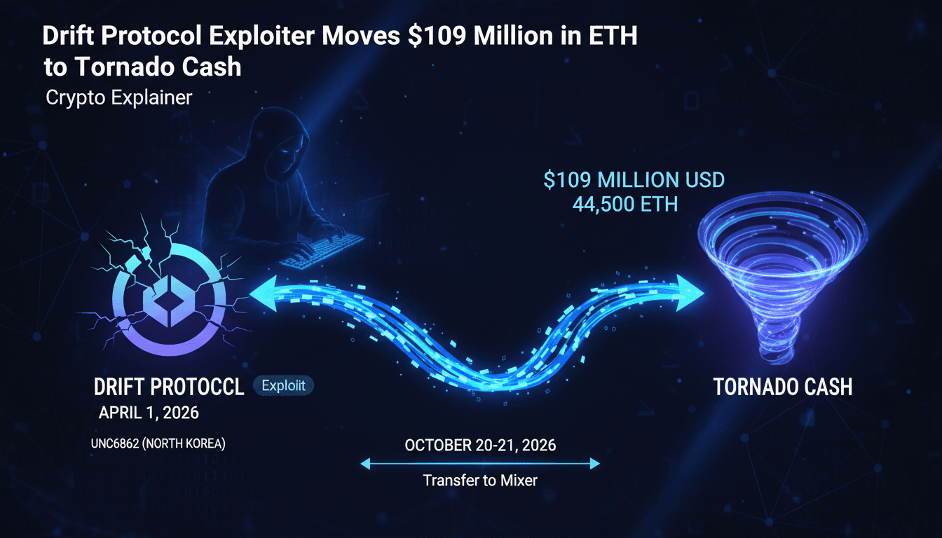 Infographic showing the flow of $109 million in ETH from the Drift Protocol exploit to Tornado Cash, highlighting key figures and timelines.
