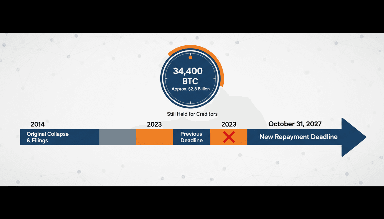 Infographic showing Mt. Gox repayment timeline and remaining BTC assets.