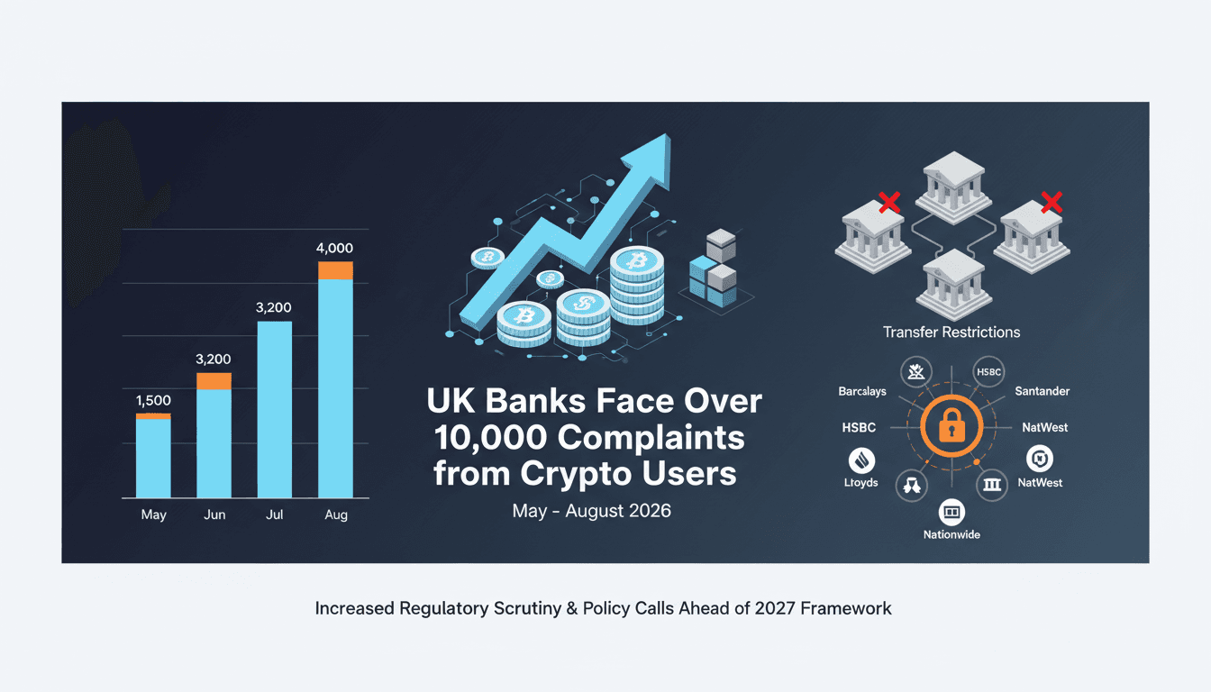 Infographic showing the rise in complaints about crypto transfer restrictions by UK banks.