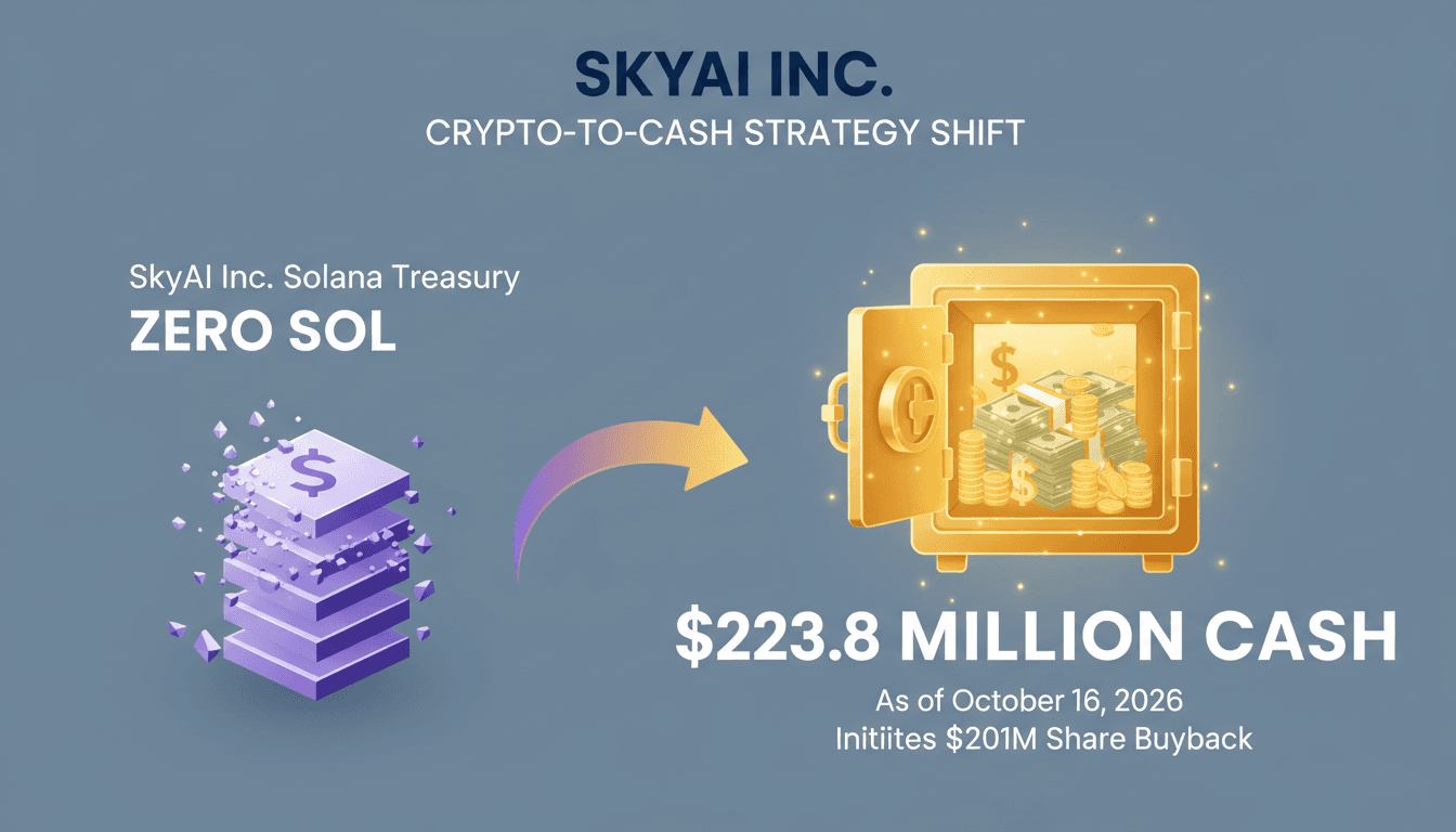 Infographic illustrating SkyAI's transition from Solana holdings to $223.8 million in cash reserves.