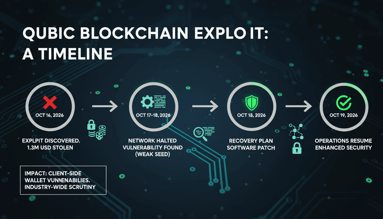 Infographic showing the timeline and impact of the Qubic blockchain wallet exploit, highlighting security vulnerabilities.