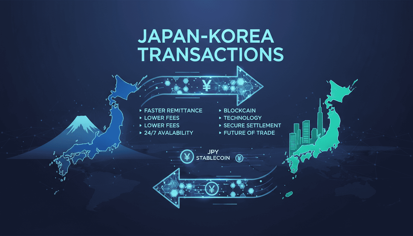 Infographic showing yen stablecoin transactions between Japan and South Korea, emphasizing blockchain benefits.