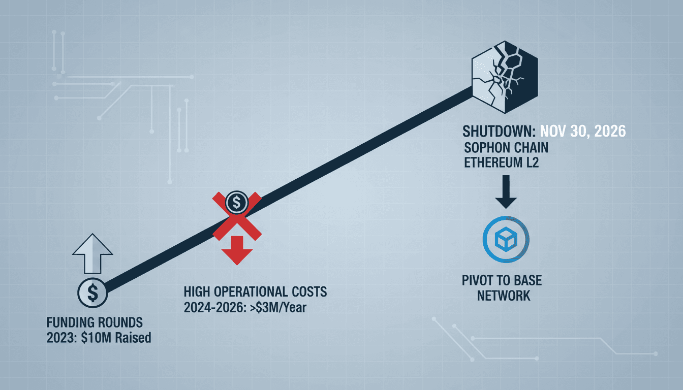 Infographic detailing Sophon Chain's funding, operational costs, and shutdown timeline.