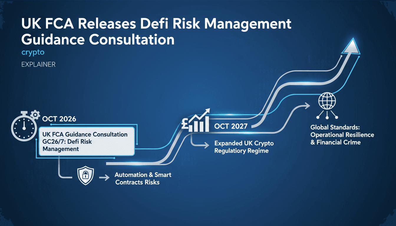 Infographic showing FCA's DeFi risk guidance timeline and implications for crypto firms.