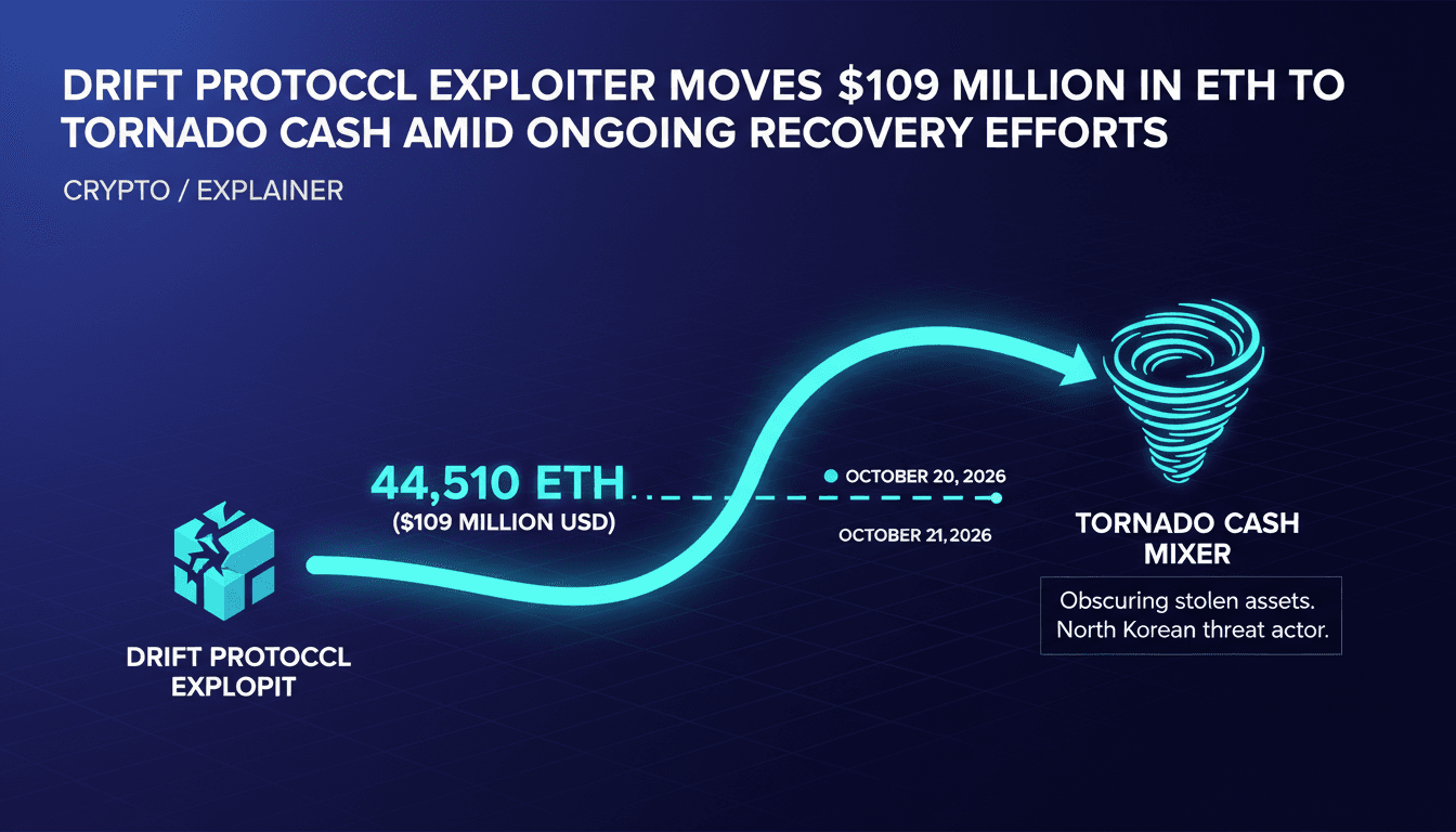 Infographic showing the flow of $109 million in ETH from Drift Protocol to Tornado Cash, highlighting laundering efforts.