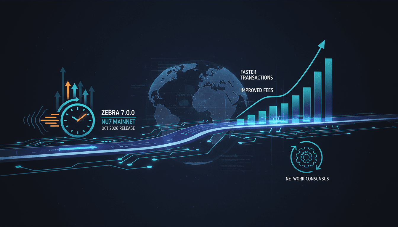 Infographic showing Zcash's Zebra 7.0.0 upgrade timeline and its impact on transaction speeds and sustainability.
