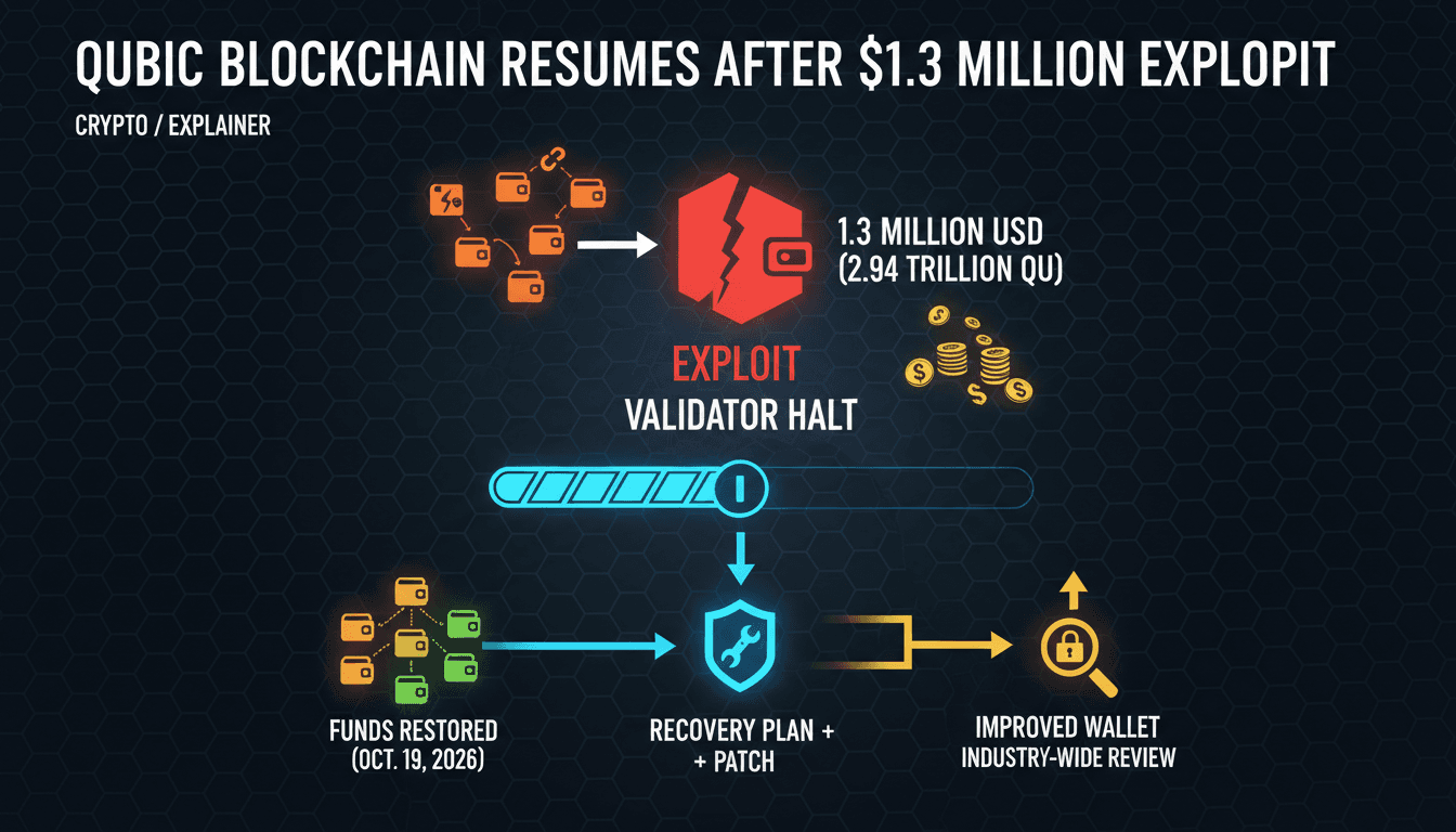 Infographic showing the Qubic blockchain wallet drain incident and recovery process.