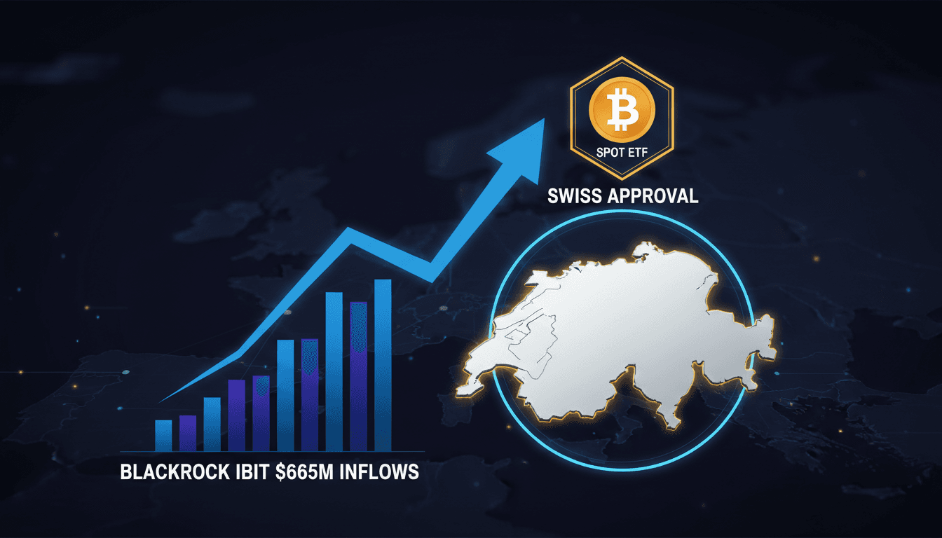 A visual representation of Switzerland's first retail spot Bitcoin ETF approval, showcasing Bitcoin's integration into traditional finance.