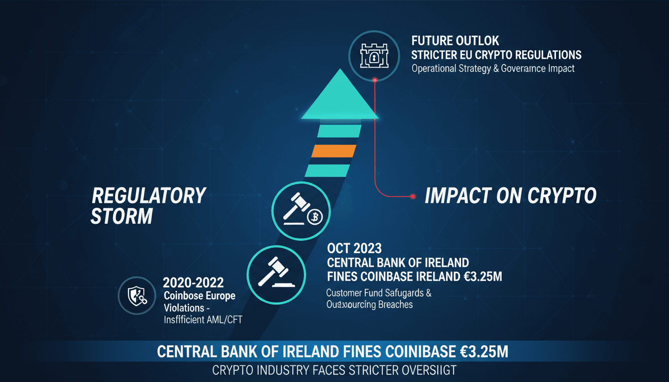 Infographic showing Coinbase Ireland's regulatory challenges and the €3.25 million fine imposed by the Central Bank of Ireland.