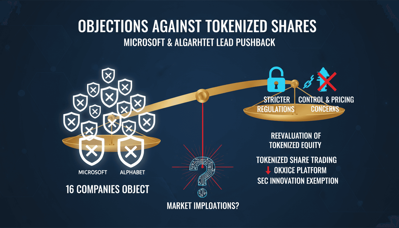 Infographic showing Microsoft and Alphabet's objections to tokenized share trading on OKXICE.