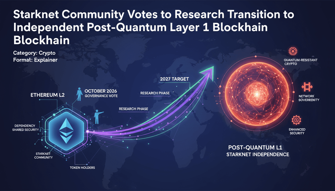 Infographic showing Starknet's potential transition to a post-quantum Layer 1 blockchain, highlighting key timelines and stakeholders.