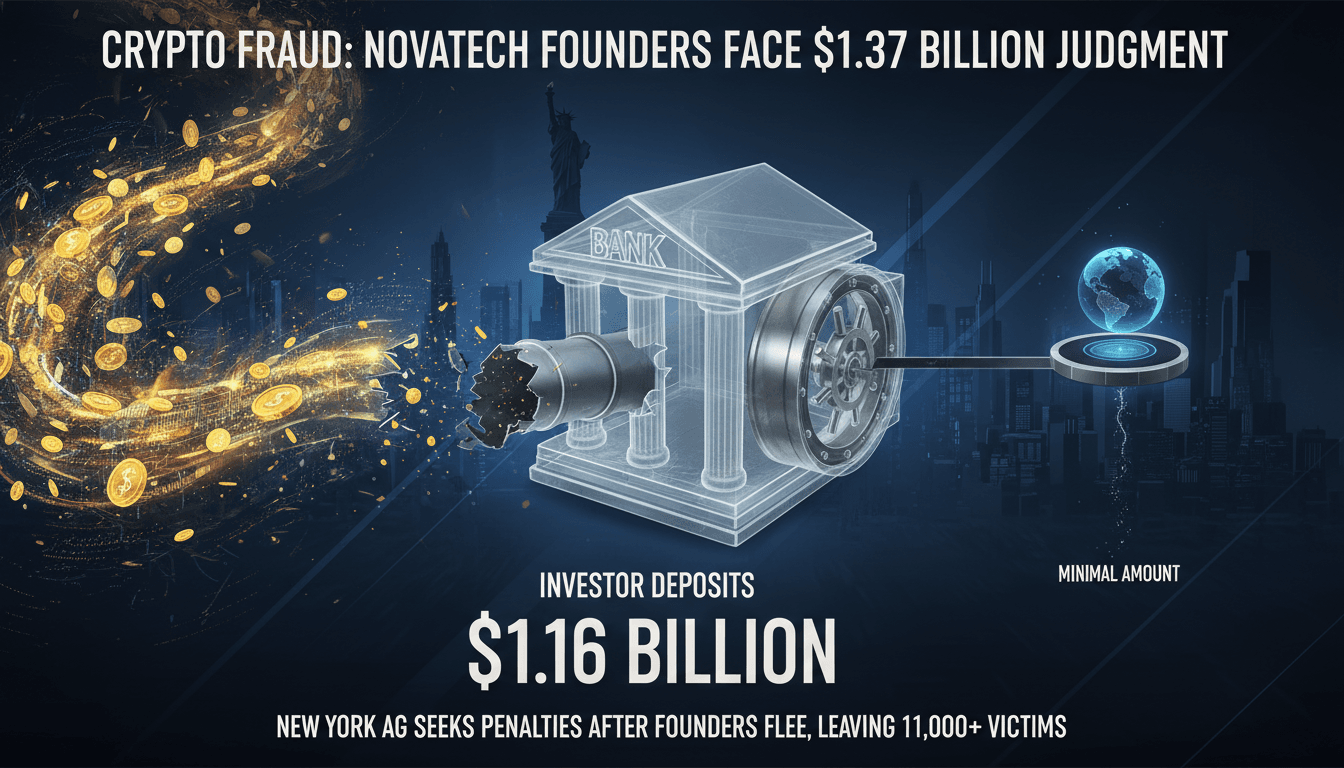 Infographic showing $1.16 billion in investor deposits in NovaTech's crypto fraud case.