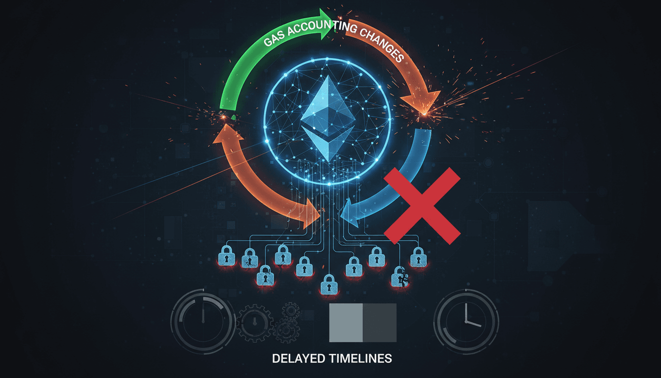 Infographic showing Ethereum's Glamsterdam upgrade delay and its impact on smart contracts and gas accounting.