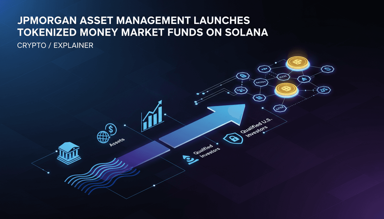 Infographic showing JPMorgan's tokenized money market funds on Solana blockchain.
