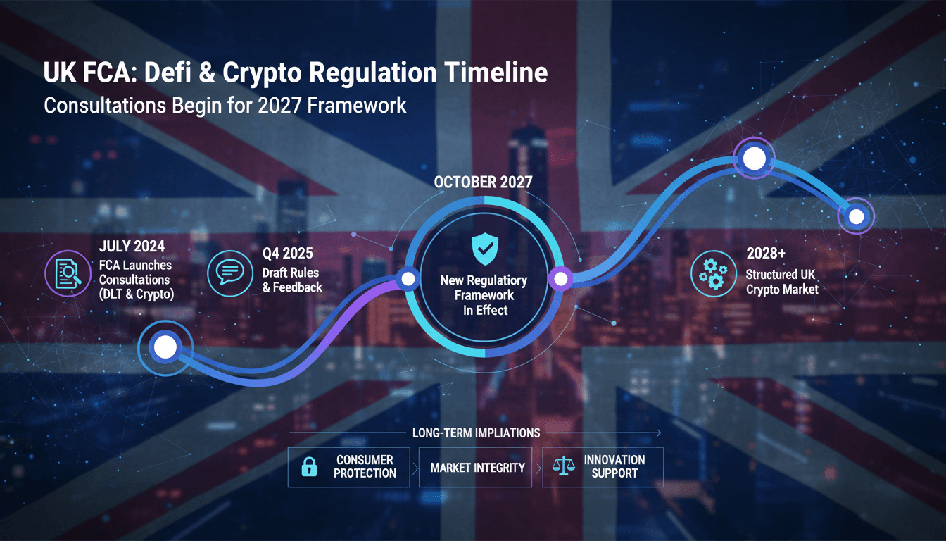 Infographic showing the timeline of UK FCA's DeFi and crypto regulations and consultations.