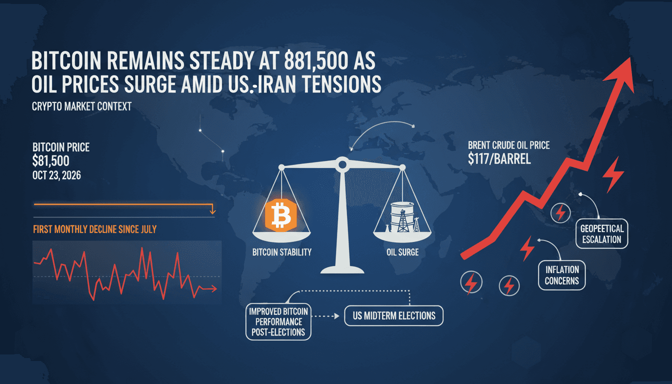 A graphic illustrating Bitcoin's price stability against rising oil prices and geopolitical tensions.