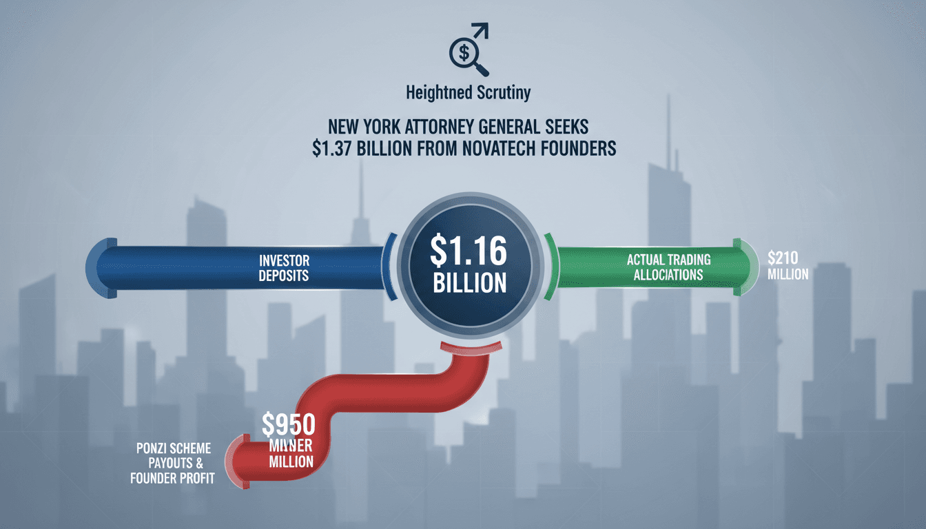 Infographic showing the flow of funds in the NovaTech crypto fraud case, highlighting investor losses and legal actions.