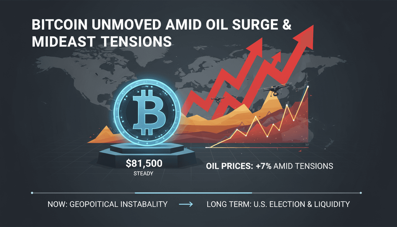 A graphic illustrating Bitcoin's price stability alongside rising oil prices and geopolitical tensions.