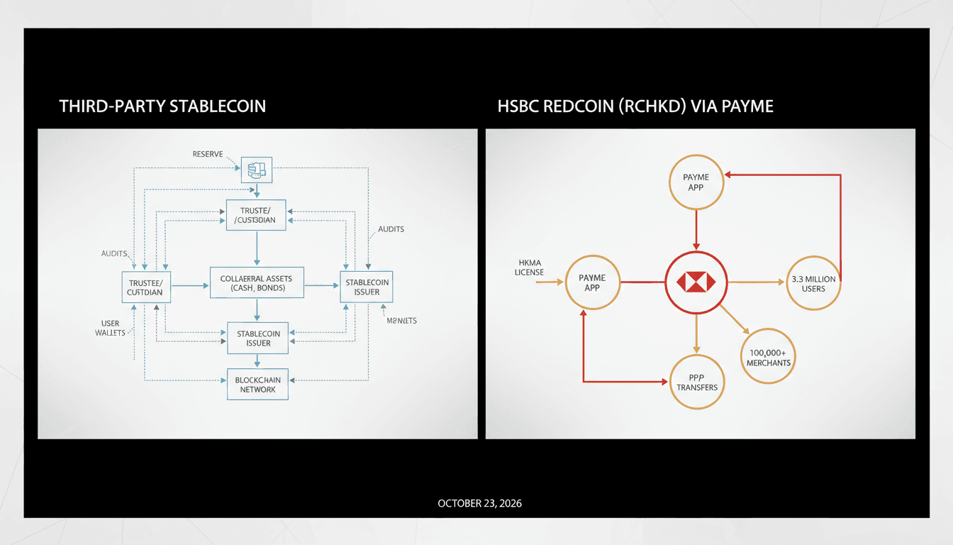 Diagram showing the HSBC RedCoin architecture connecting bank reserves, the HKMA license, and the PayMe retail app.