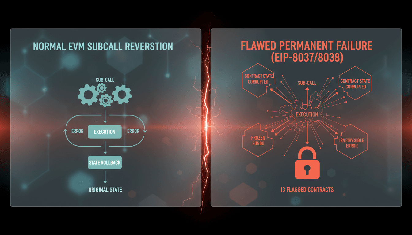 Diagram illustrating Ethereum smart contract gas execution flows and subcall failure states under proposed EIP updates.